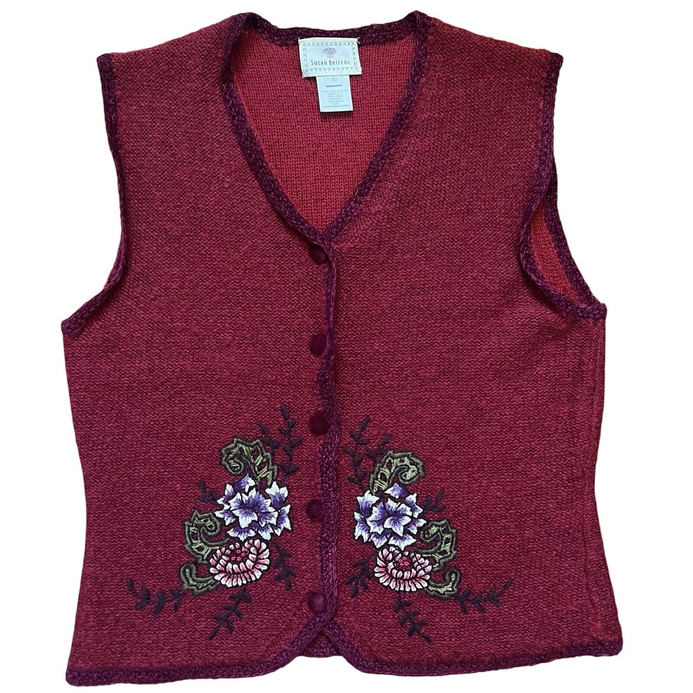 90s Susan Bristol Wool Blend Sweater Vest Hand Embroidered Womens Small Vintage